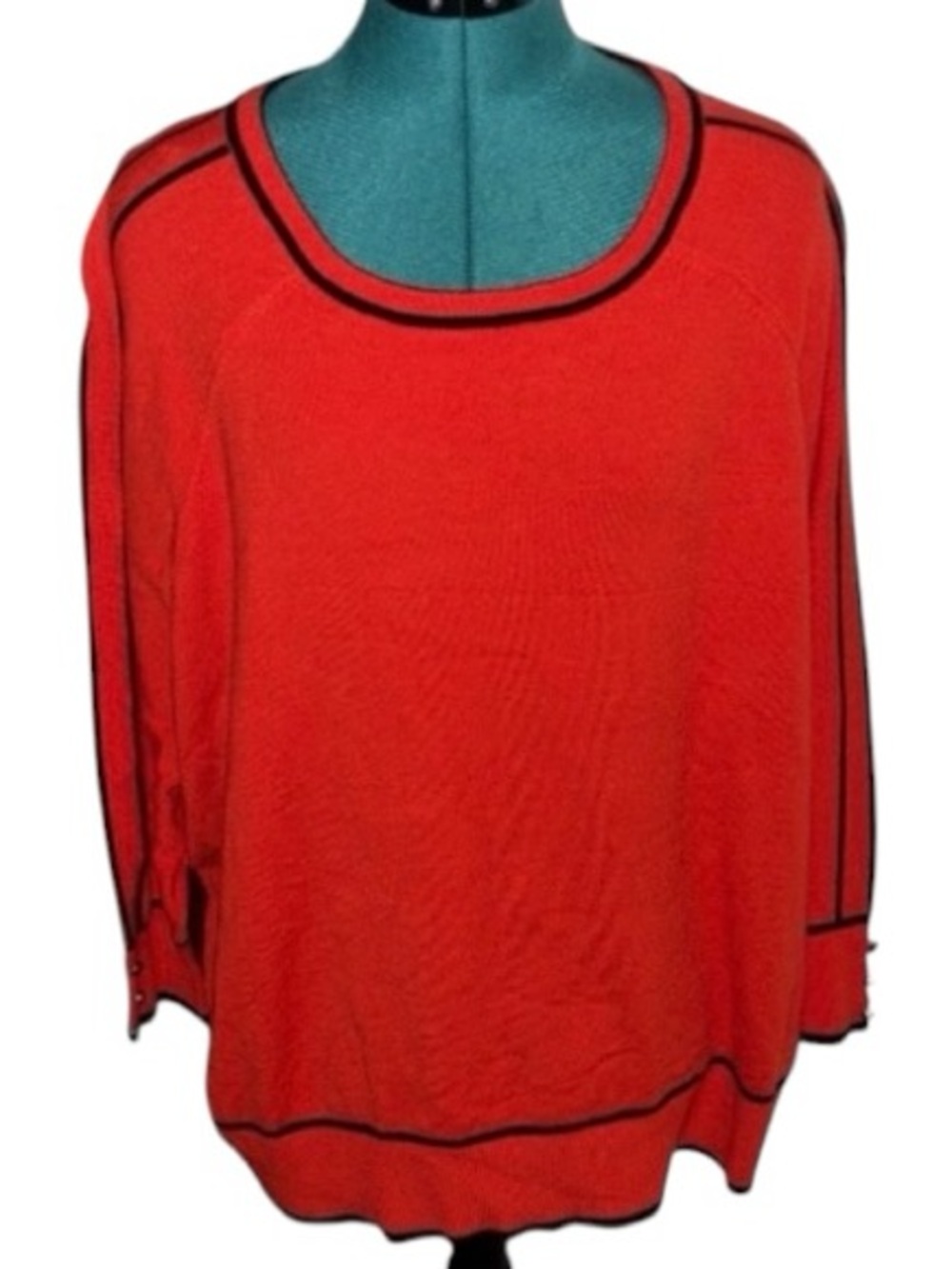 NWT Elegant Sweater w/Black Accents, P2P:29”, L:27”, Red/Orange/Black, RT $68